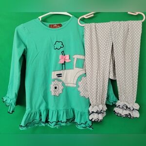 Green Tractor Kids Millie Jay Outfit Girl Size 8 Pants Ruffle Top Shirt Leggings